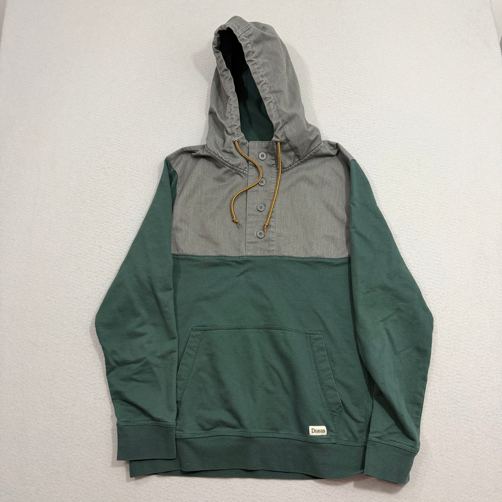 Dravus Hoodie Mens Large Green Gray Colorblock Button Neck Pullover Sweatshirt